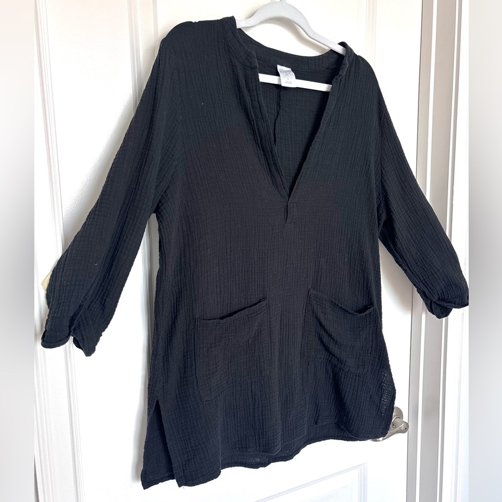 100% Cotton Gauze 3/4 Sleeve Shirt Black Resort Wear Beach Cover Up Coastal M